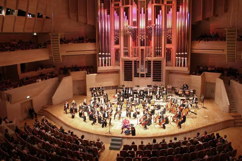 Concert hall with orchestra on stage