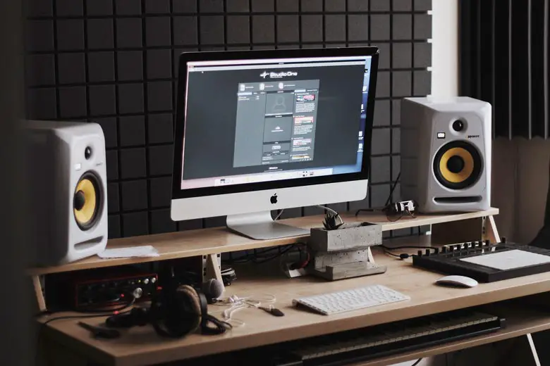 Studio monitors on desk